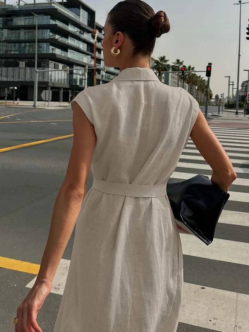 Casual Cotton Lapel Sleeveless Lace-Up Straight Ankle-Length Dress - Image 6