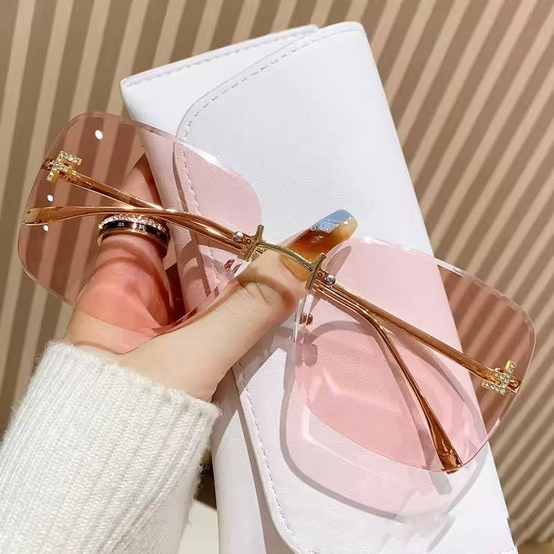 Casual Metal Square Large Frame Diamond-in Letter F Frame less Sunglasses - Image 2
