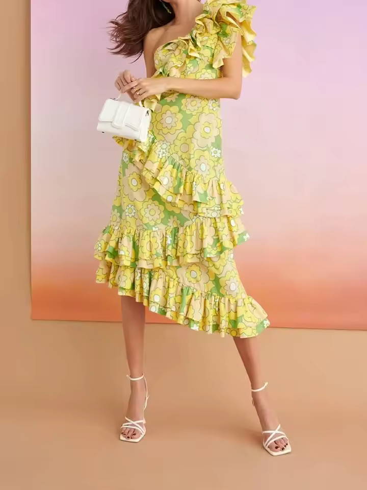 Beautiful Tiered Sleeveless Asymmetrical Printed Ruffle Dress