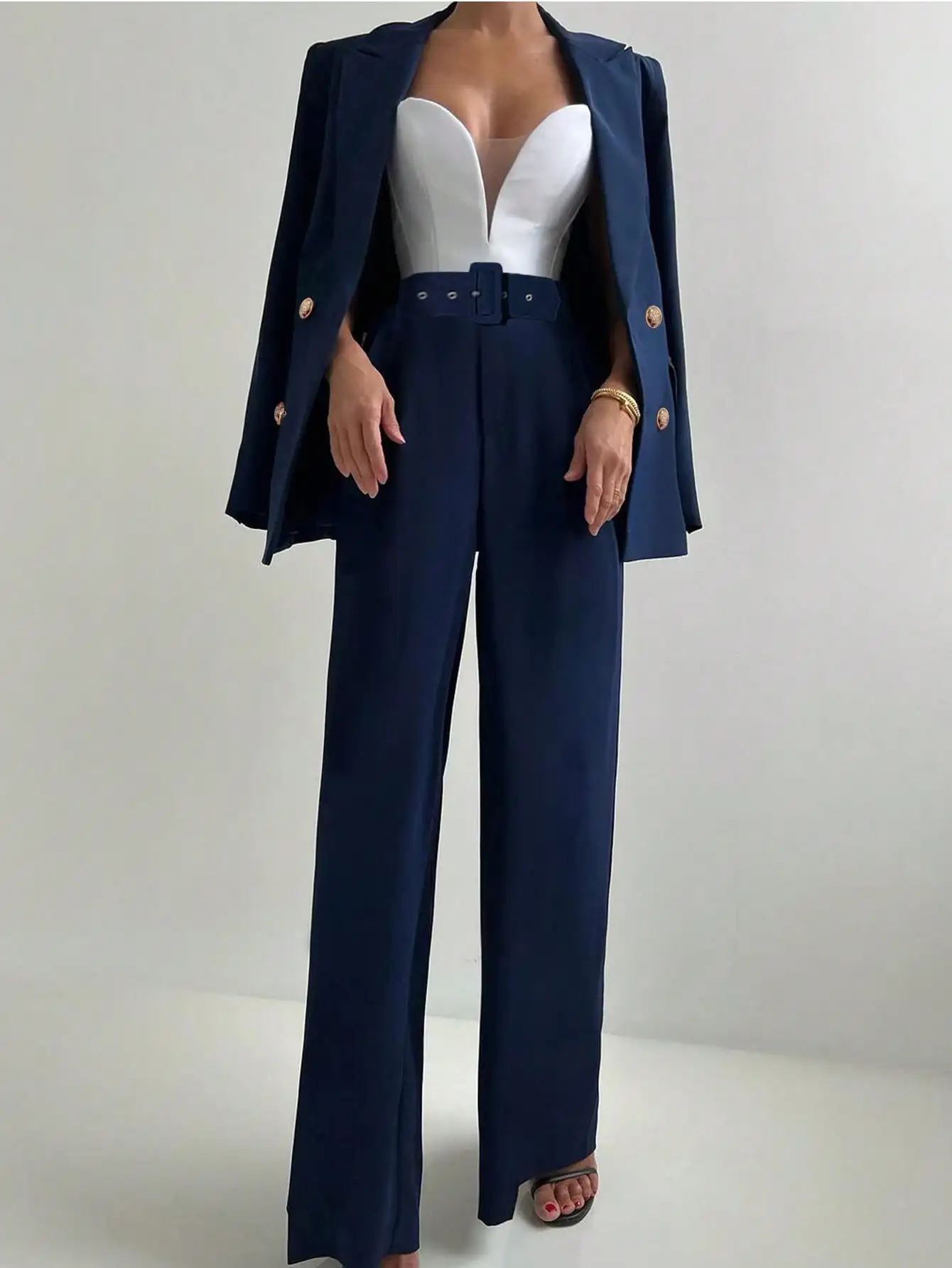 Office Style Belted Double-Breasted Blazer And Elastic Waist Straight Leg Pants Suit - Image 5