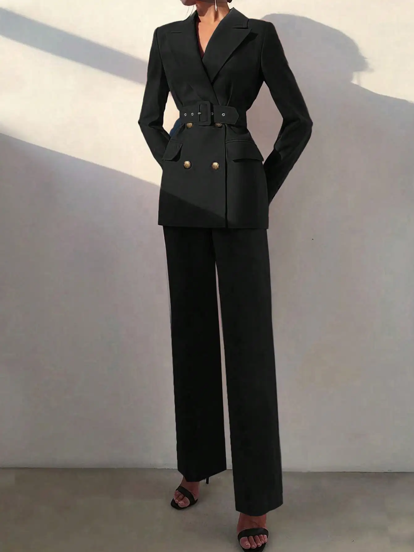 Office Style Belted Double-Breasted Blazer And Elastic Waist Straight Leg Pants Suit - Image 6
