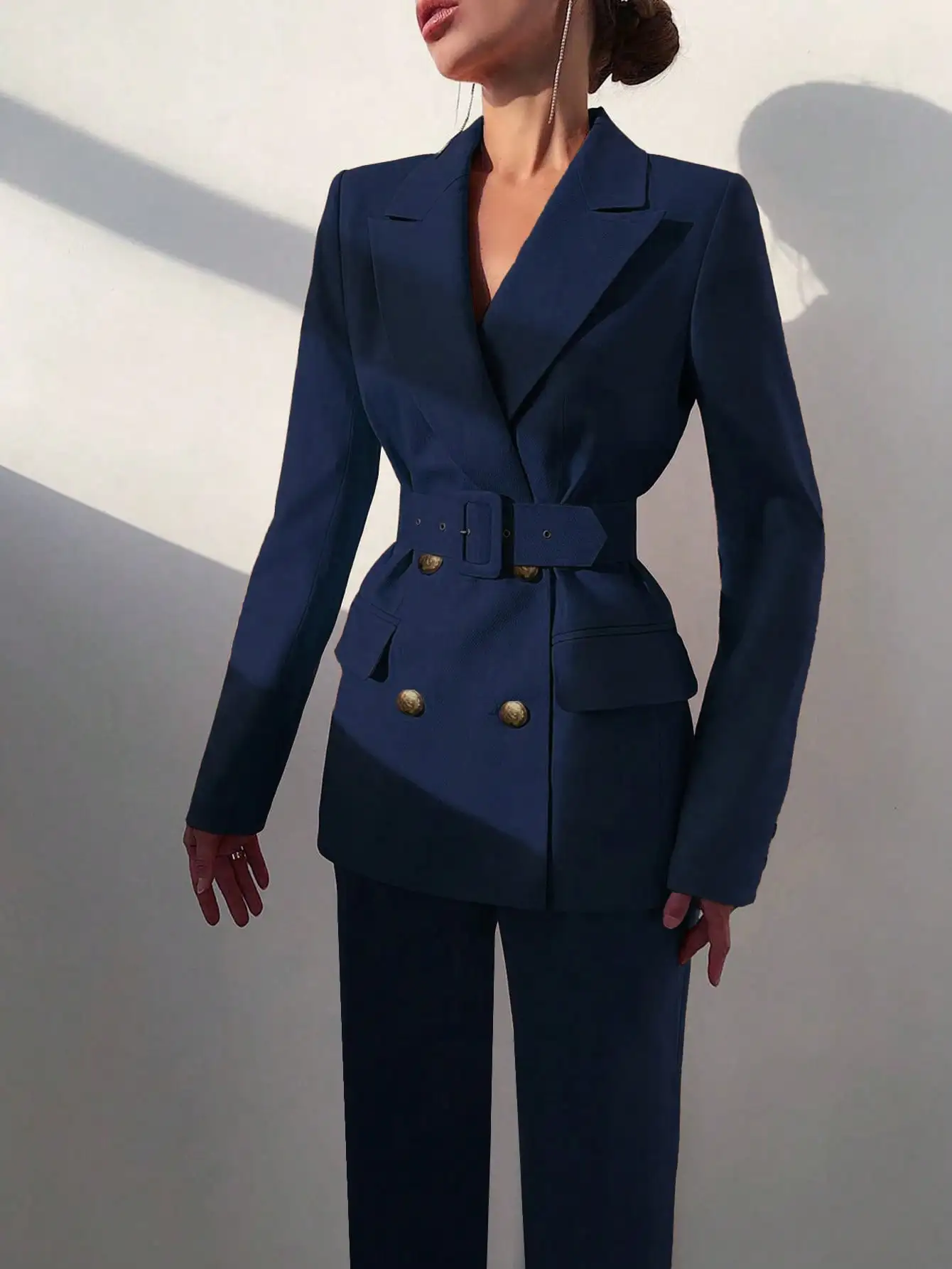 Office Style Belted Double-Breasted Blazer And Elastic Waist Straight Leg Pants Suit - Image 3