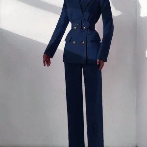 Office Style Belted Double-Breasted Blazer And Elastic Waist Straight Leg Pants Suit
