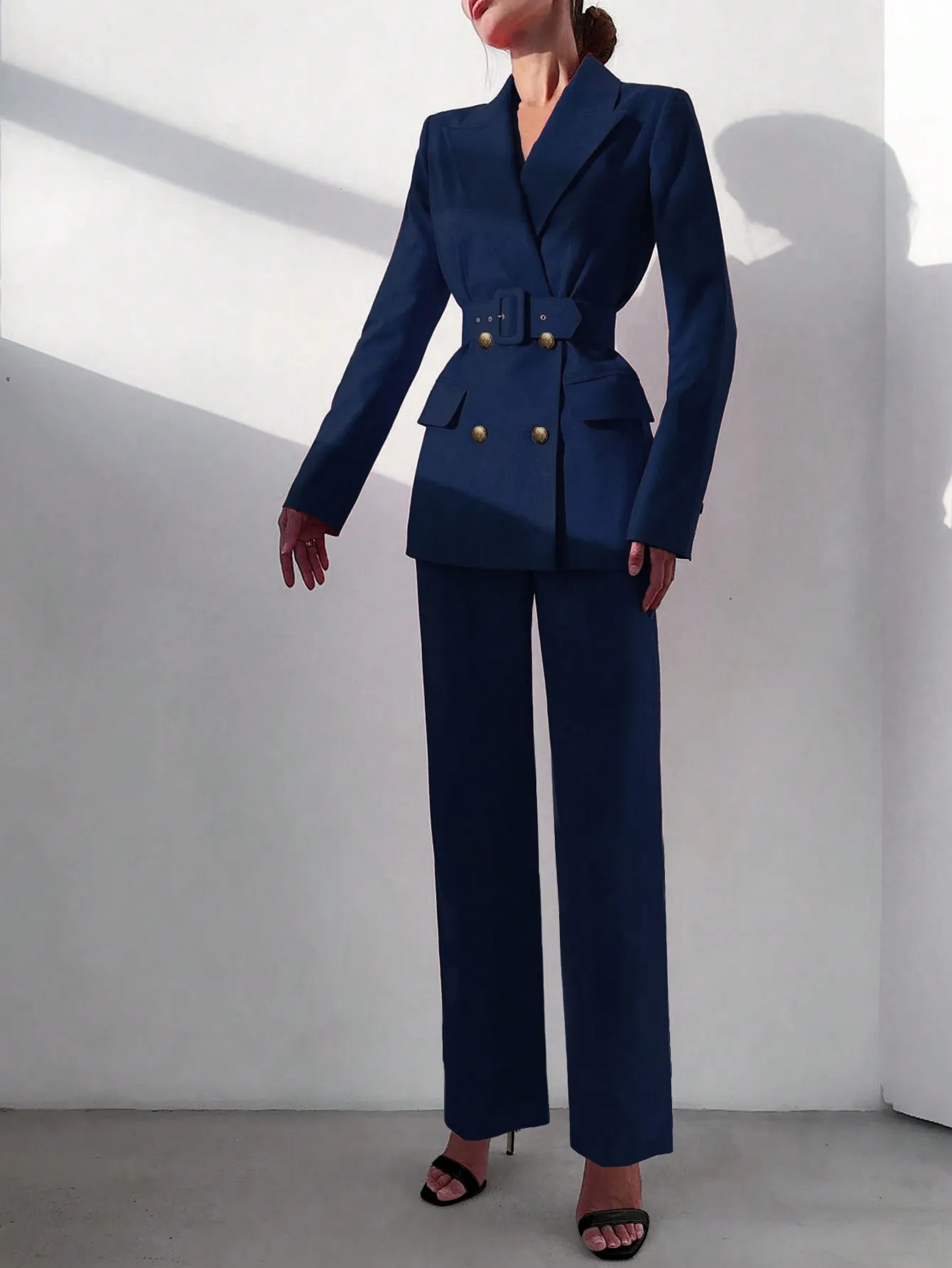 Office Style Belted Double-Breasted Blazer And Elastic Waist Straight Leg Pants Suit