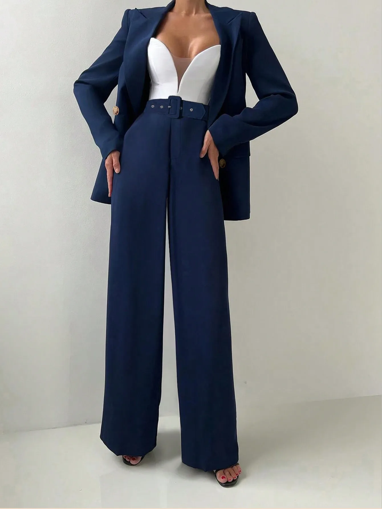 Office Style Belted Double-Breasted Blazer And Elastic Waist Straight Leg Pants Suit - Image 4