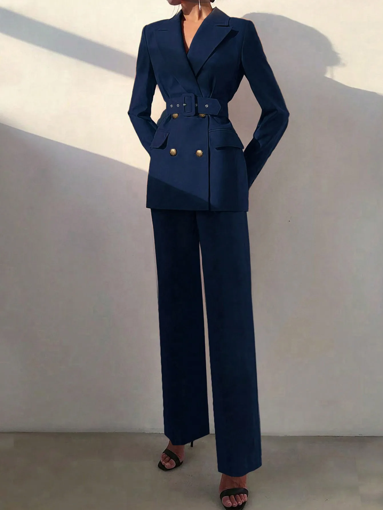 Office Style Belted Double-Breasted Blazer And Elastic Waist Straight Leg Pants Suit - Image 2