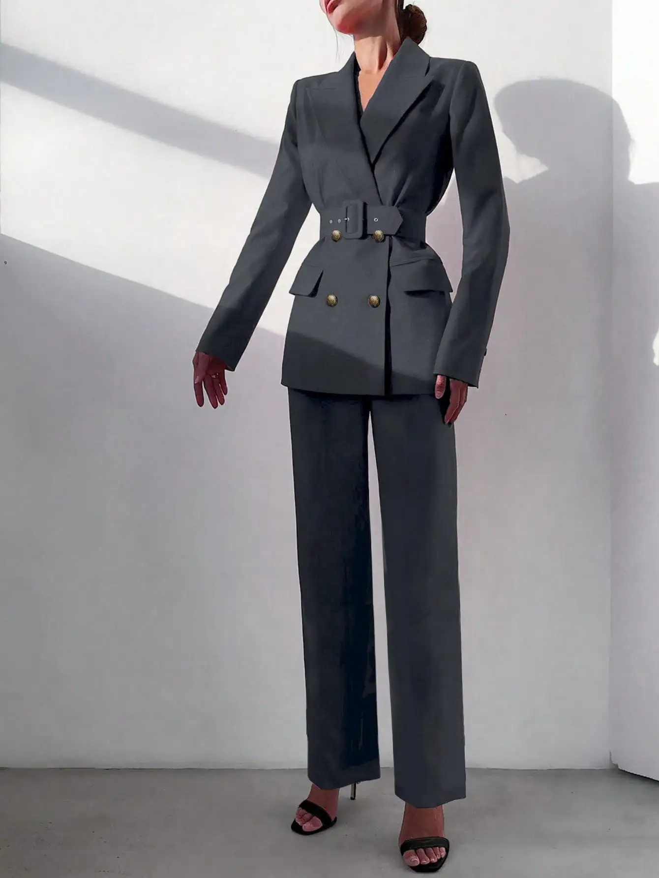 Office Style Belted Double-Breasted Blazer And Elastic Waist Straight Leg Pants Suit - Image 7