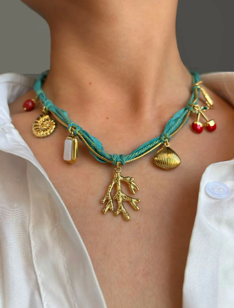 Bohemia Stainless Steel Conch Coral Shell Cherry Natural Stone Charms Pendant Necklace