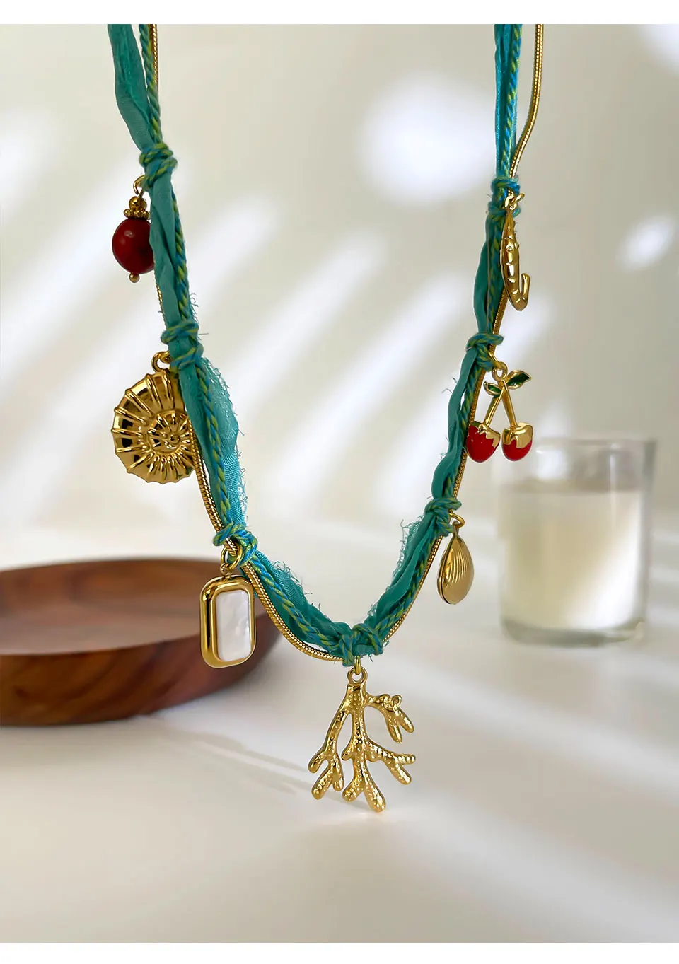 Bohemia Stainless Steel Conch Coral Shell Cherry Natural Stone Charms Pendant Necklace - Image 3