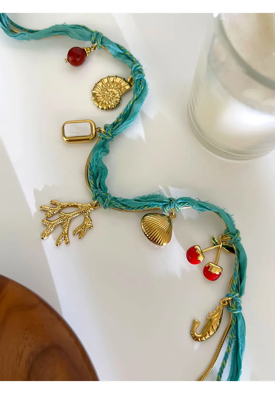 Bohemia Stainless Steel Conch Coral Shell Cherry Natural Stone Charms Pendant Necklace - Image 4