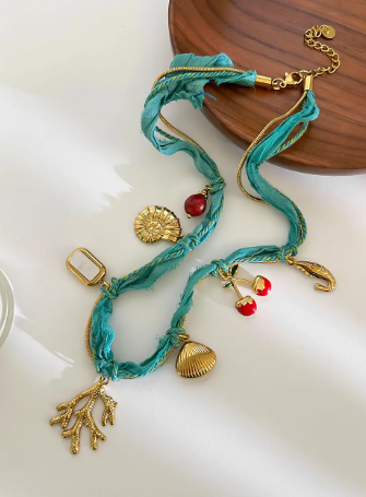 Bohemia Stainless Steel Conch Coral Shell Cherry Natural Stone Charms Pendant Necklace - Image 5