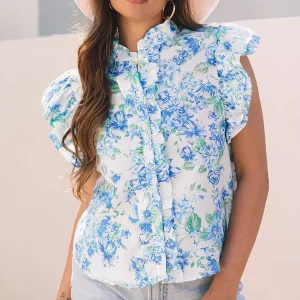 Bohemian Floral Stand Collar Flutter Sleeve Print Ruffled Sleeves Blouse