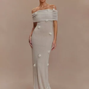 Bohemian Off Shoulder Floral Accents For Formal Events Maxi Gown