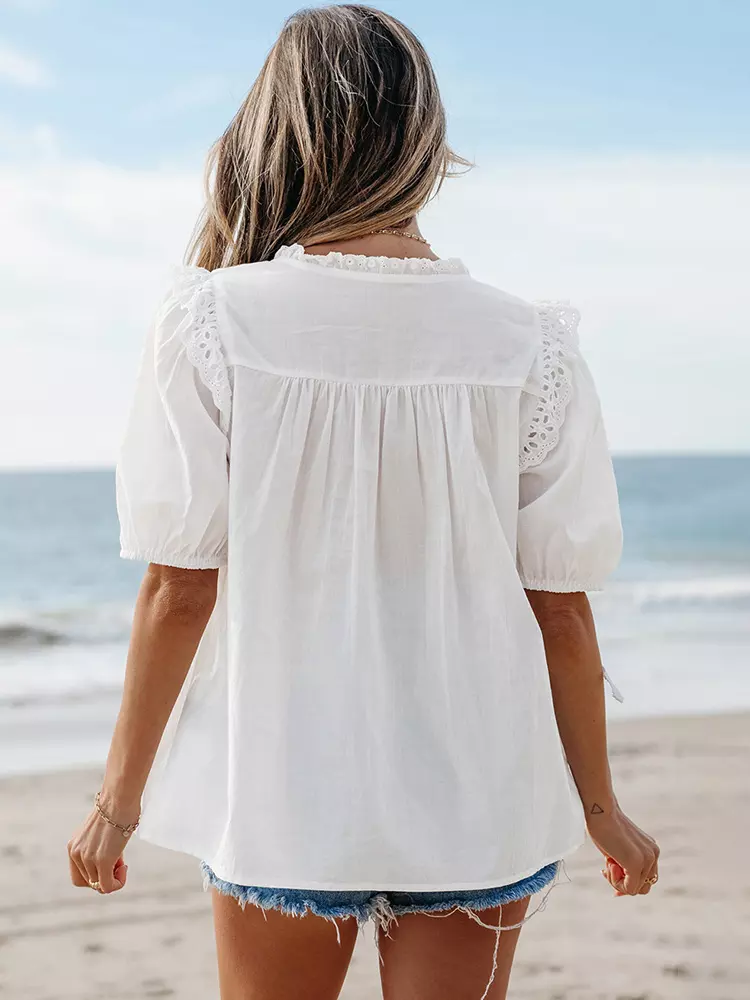 Bohemian Ruffles Cut-Outs Short Sleeve Lace-Trimmed Blouse - Image 6