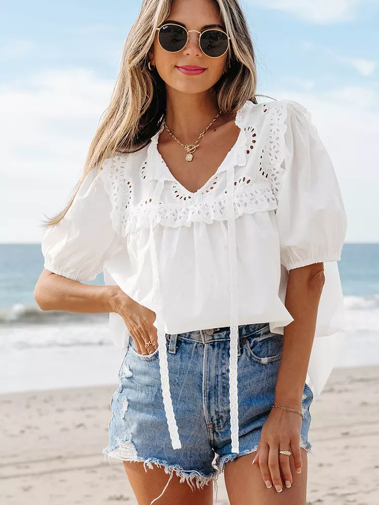 Bohemian Ruffles Cut-Outs Short Sleeve Lace-Trimmed Blouse - Image 3