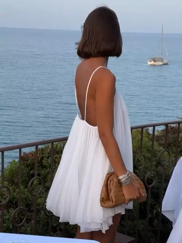 Bohemian Solid Color Slip V-Neck Backless Beach Shift Dress - Image 3