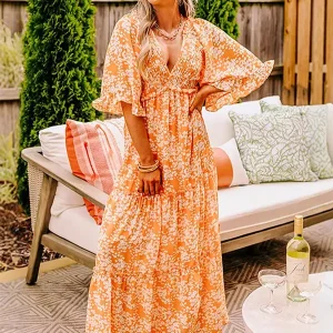 Boho V-neck Floral With V-Neck And High Waist In Maxi Dress