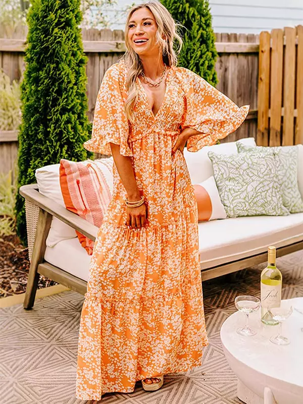 Boho V-neck Floral With V-Neck And High Waist In Maxi Dress