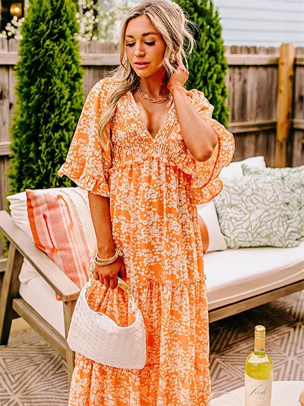 Boho V-neck Floral With V-Neck And High Waist In Maxi Dress - Image 2