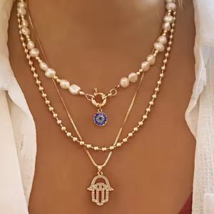 Casual Multi-layers Crystal Evil Eye Geometric Round Clavicle Chain Beach Charm Pendant Necklace 3PCS Set
