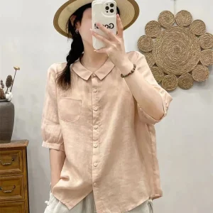 Breathable Turn-Down Collar Cotton Linen Pocket Retro Style Half Sleeve Loose Shirt