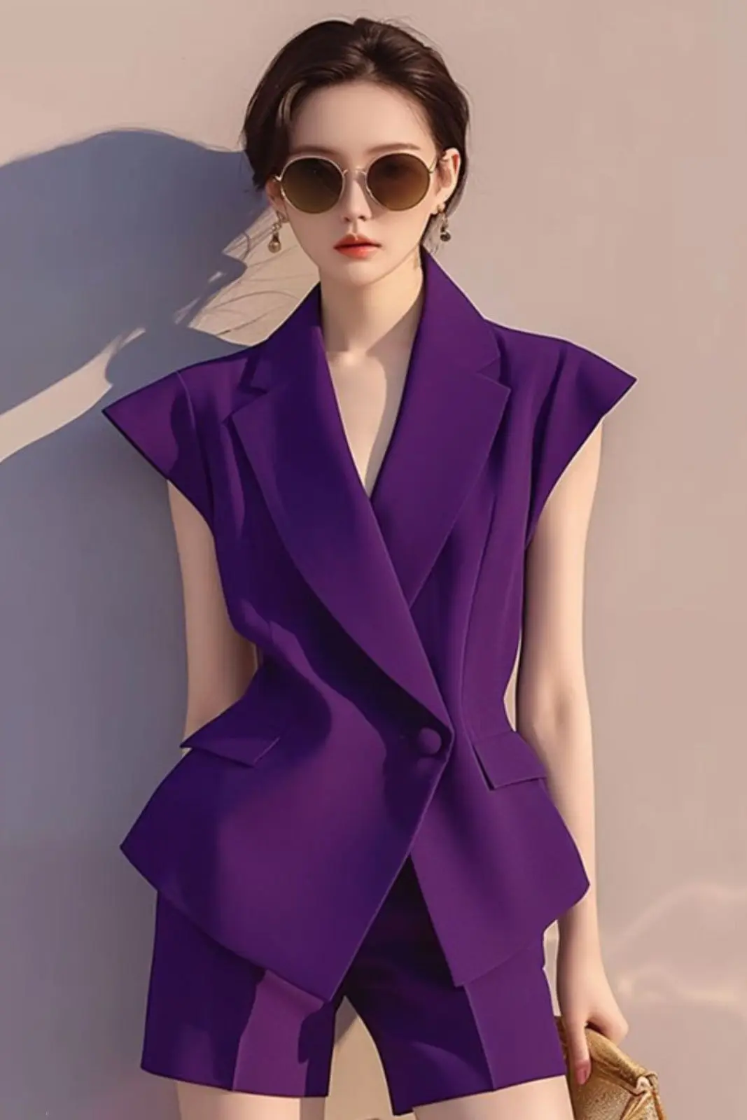 Buttons Solid Color Turn-down Collar Tailored Coat High Waist Shorts Two-piece Suit