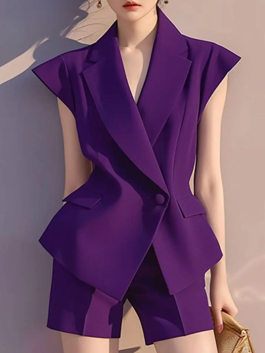 Buttons Solid Color Turn-down Collar Tailored Coat High Waist Shorts Two-piece Suit - Image 2