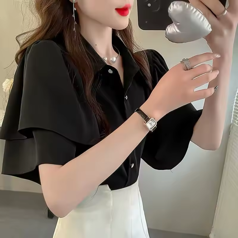 Camouflage Solid Color Ruffle Short Sleeve Chiffon Top - Image 11