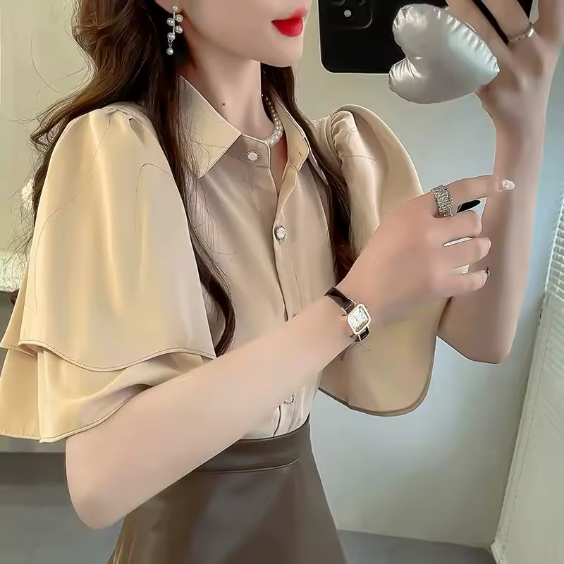 Camouflage Solid Color Ruffle Short Sleeve Chiffon Top - Image 5