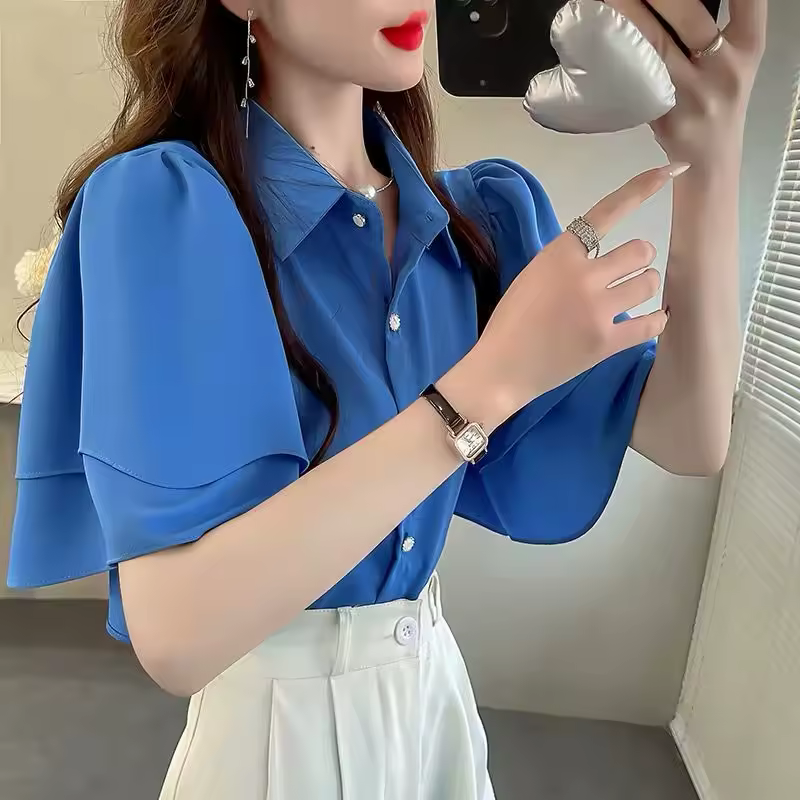 Camouflage Solid Color Ruffle Short Sleeve Chiffon Top - Image 8