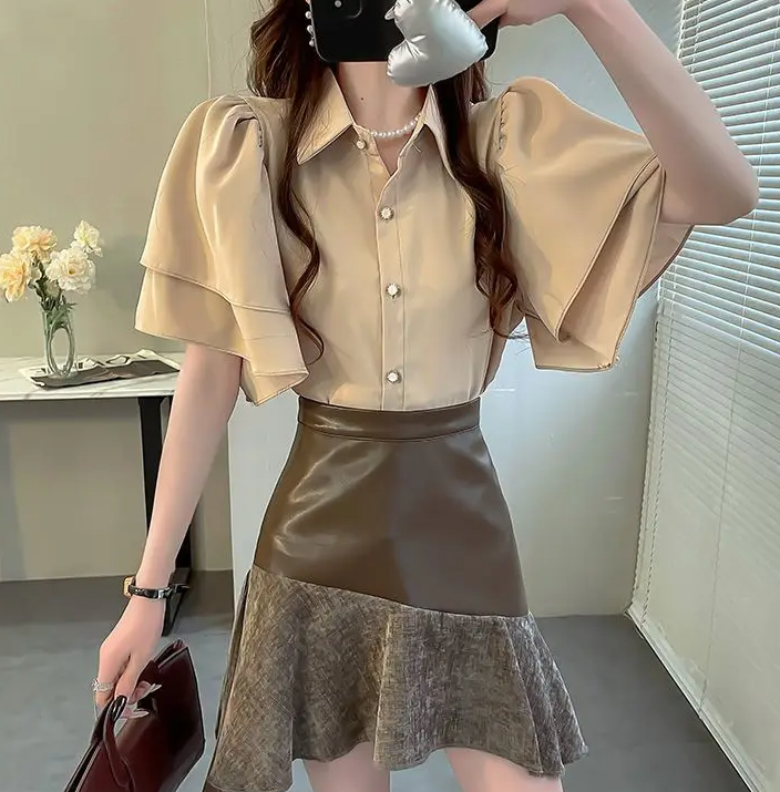 Camouflage Solid Color Ruffle Short Sleeve Chiffon Top - Image 6