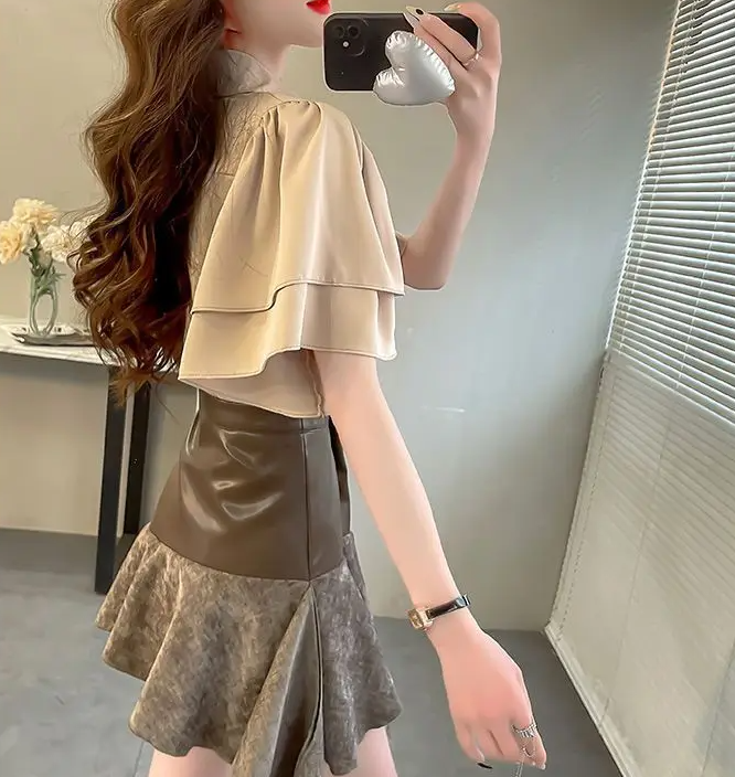 Camouflage Solid Color Ruffle Short Sleeve Chiffon Top - Image 7