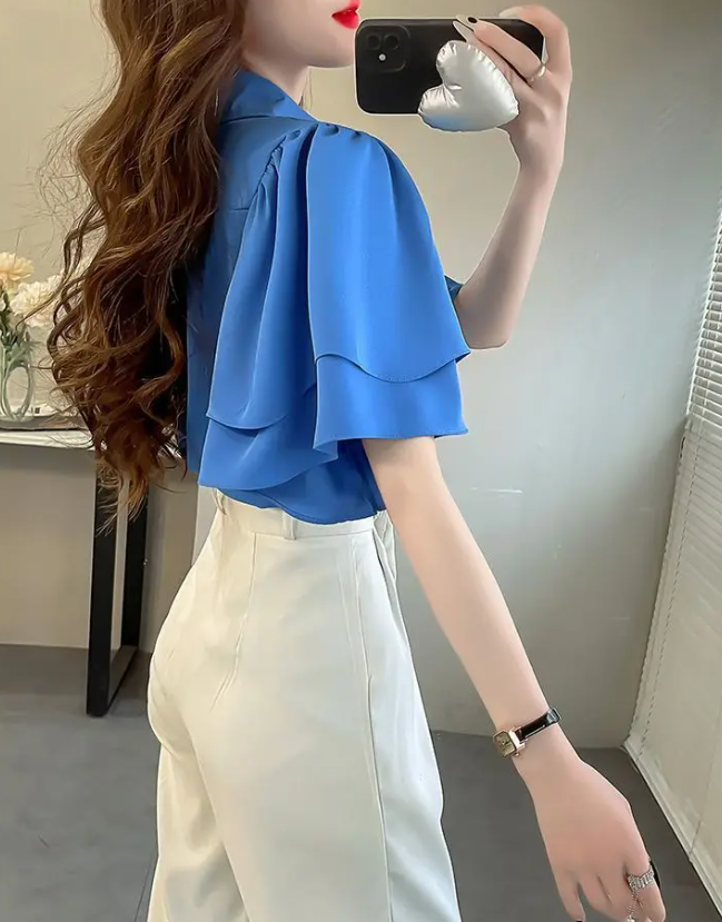 Camouflage Solid Color Ruffle Short Sleeve Chiffon Top - Image 9