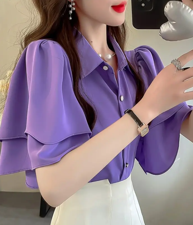 Camouflage Solid Color Ruffle Short Sleeve Chiffon Top - Image 3