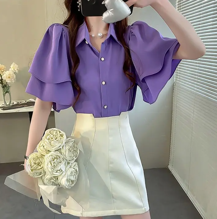 Camouflage Solid Color Ruffle Short Sleeve Chiffon Top - Image 2