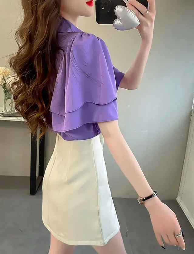 Camouflage Solid Color Ruffle Short Sleeve Chiffon Top - Image 4