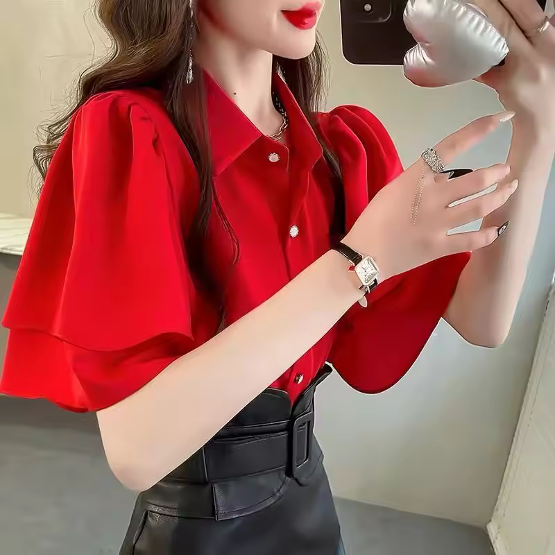 Camouflage Solid Color Ruffle Short Sleeve Chiffon Top - Image 12