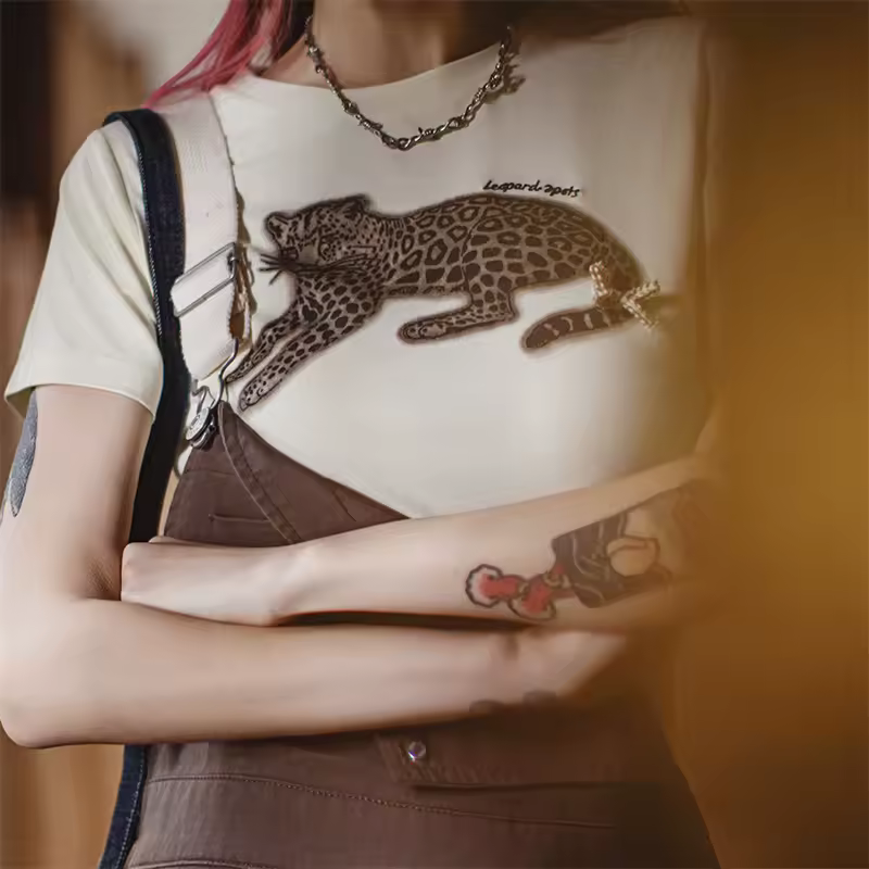 Casual Animal Printed Short Sleeve Crew Neck Tee Vintage Basic Top - Image 2