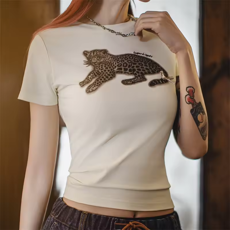 Casual Animal Printed Short Sleeve Crew Neck Tee Vintage Basic Top