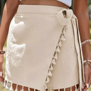 Casual Asymmetrical Fringe Cotton Straight Tassel Resort Wear Mini Skort