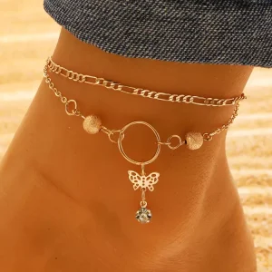 Casual Butterfly Crystal Pendant Openwork Stylish Resort Wear Ankle Bracelet