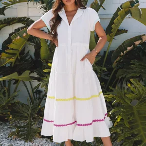 Casual Color Block Puff Short Sleeves Daily Casual Maxi Boho Dress