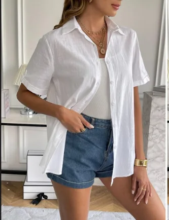 Casual Comfortable Cotton Linen Breathable Solid Color Button Down V-neck Shirt - Image 26
