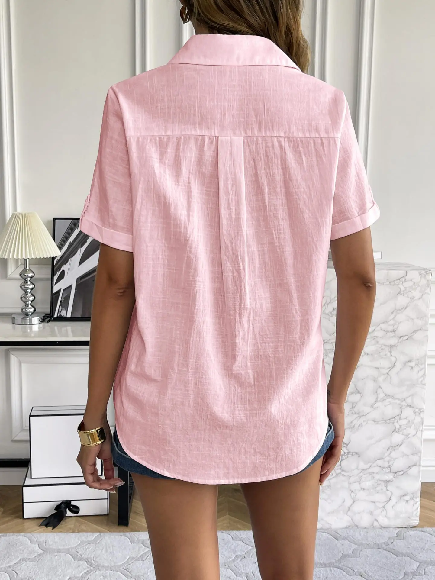 Casual Comfortable Cotton Linen Breathable Solid Color Button Down V-neck Shirt - Image 20