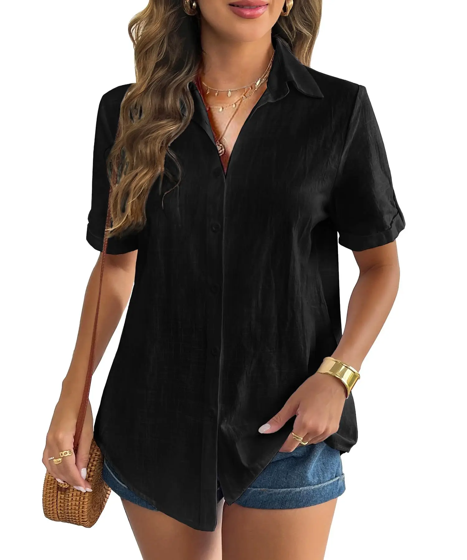 Casual Comfortable Cotton Linen Breathable Solid Color Button Down V-neck Shirt - Image 27