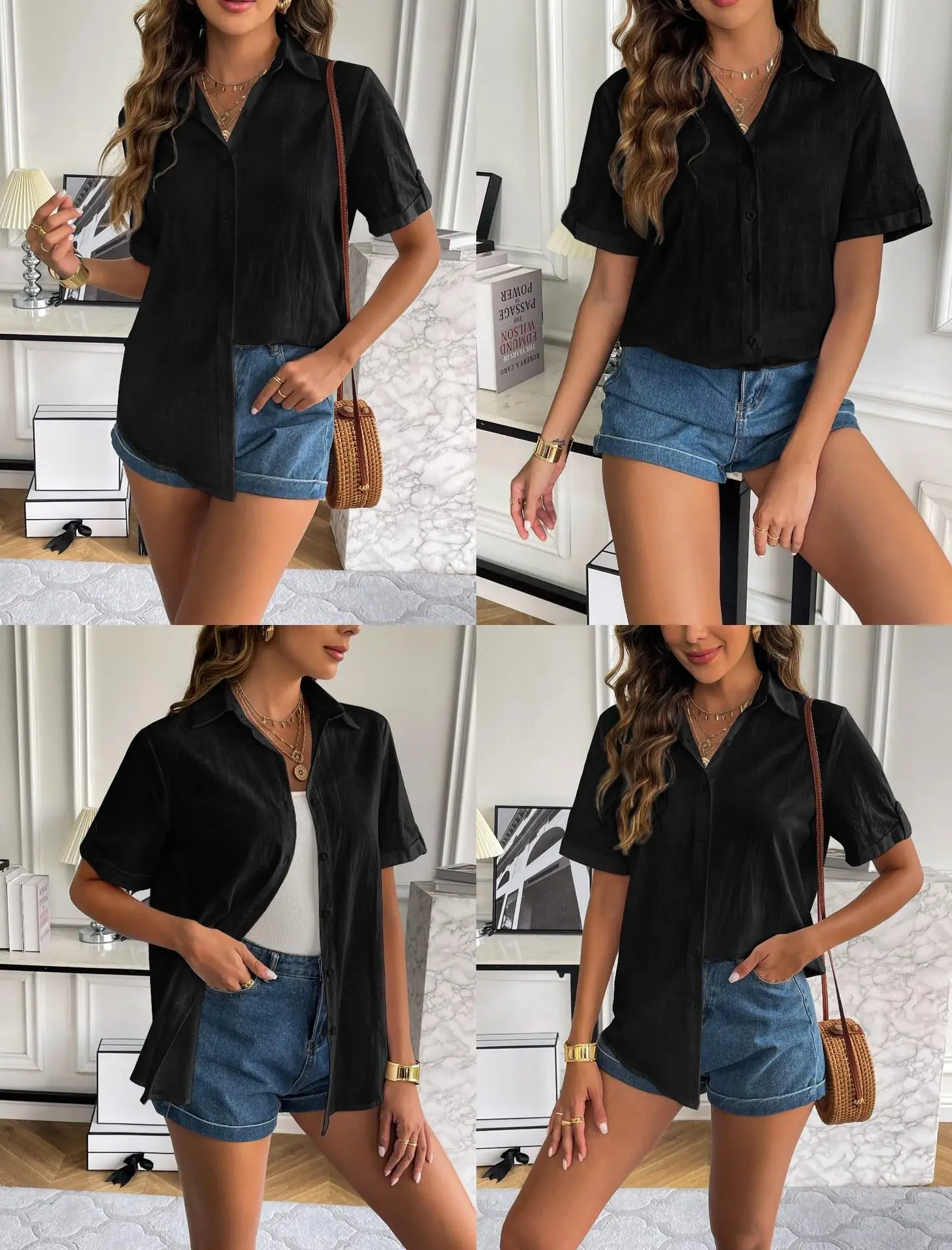 Casual Comfortable Cotton Linen Breathable Solid Color Button Down V-neck Shirt - Image 29