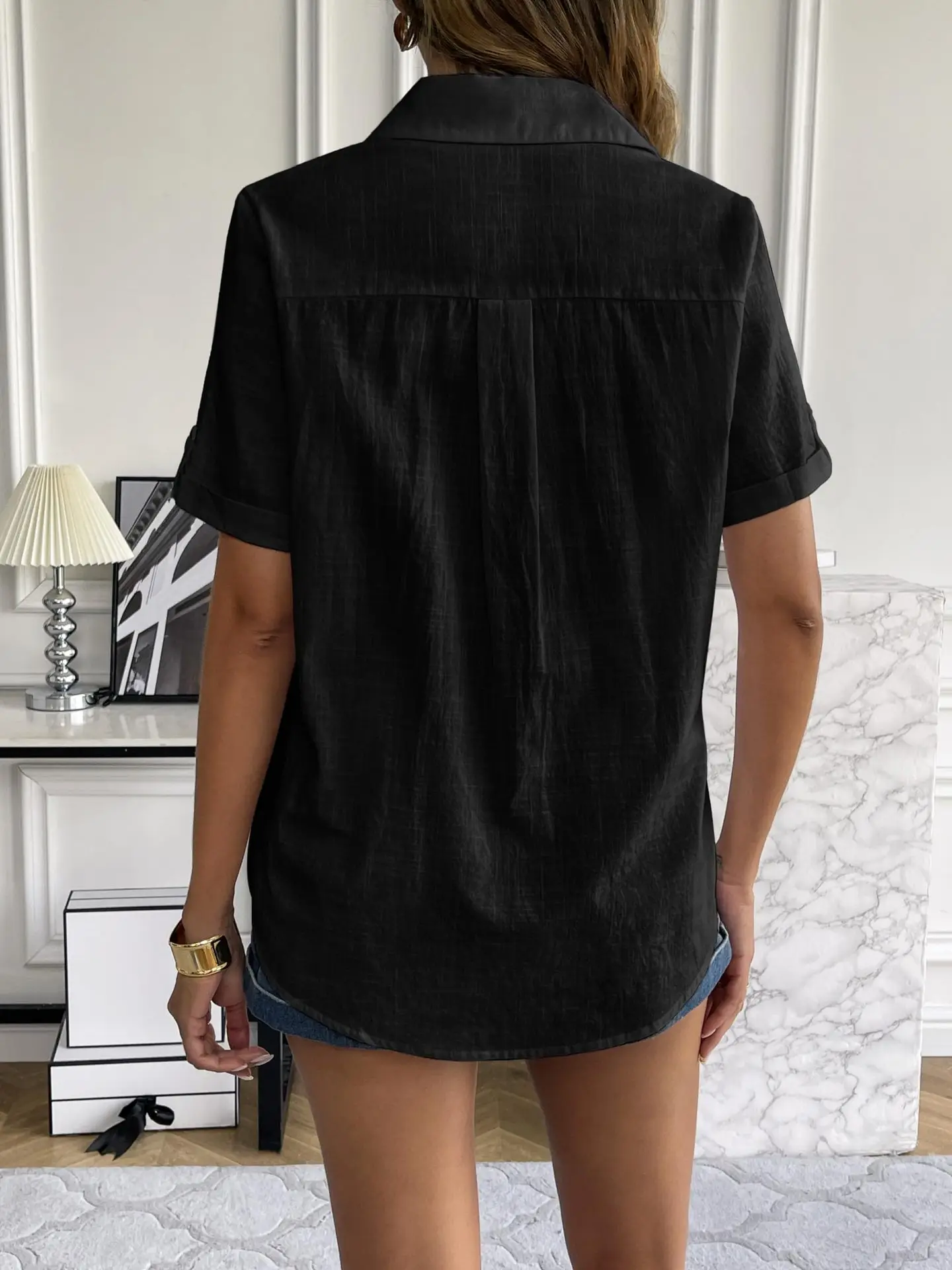 Casual Comfortable Cotton Linen Breathable Solid Color Button Down V-neck Shirt - Image 28