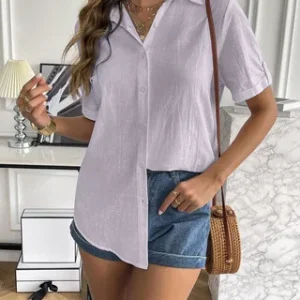 Casual Comfortable Cotton Linen Breathable Solid Color Button Down V-neck Shirt