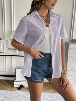 Casual Comfortable Cotton Linen Breathable Solid Color Button Down V-neck Shirt - Image 3