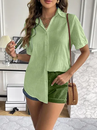 Casual Comfortable Cotton Linen Breathable Solid Color Button Down V-neck Shirt - Image 6